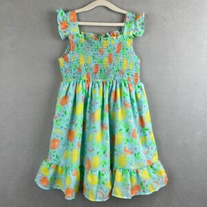 French Connection Girls 4/5 Blue Citrus Lemon Smocked Ruffle Summer Picnic Dress
